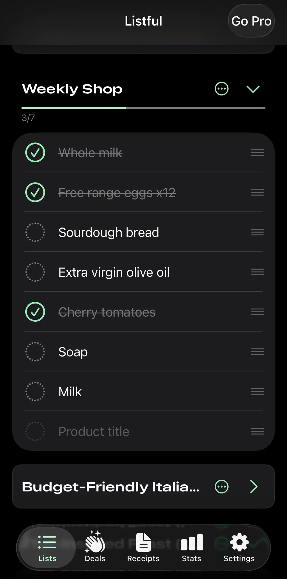 Listful app showing a weekly shopping list with completed and pending items